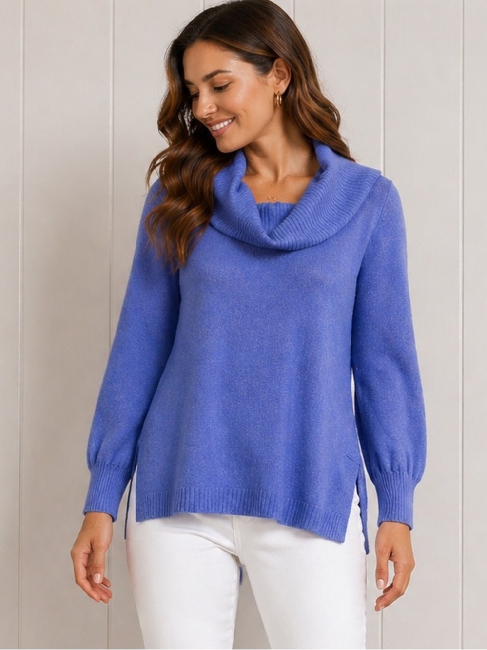 Sky Blue Periwinkle Cowl Neck Sweater Ribbed Soft Stretch Knit Tahari Size XL